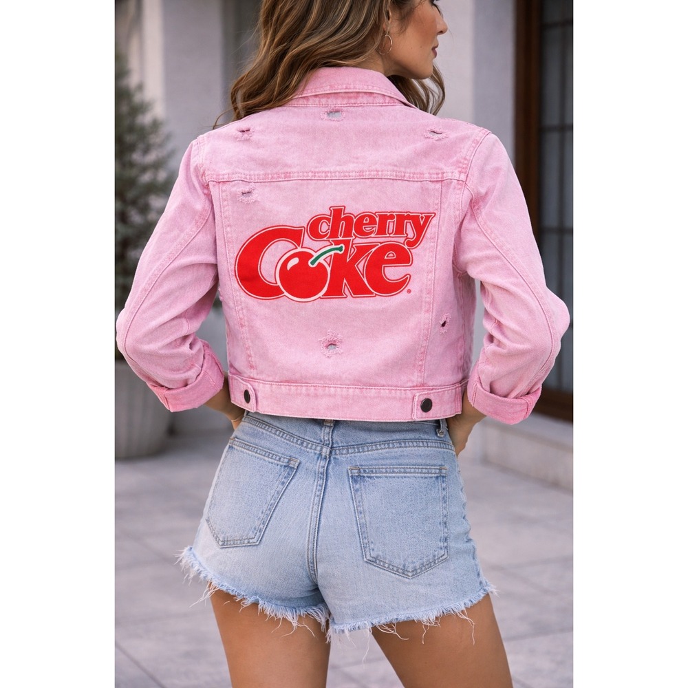 Coca-Cola Cherry Coke Pink Distressed Denim Jacket‎ Womens Small Cropped Trucker